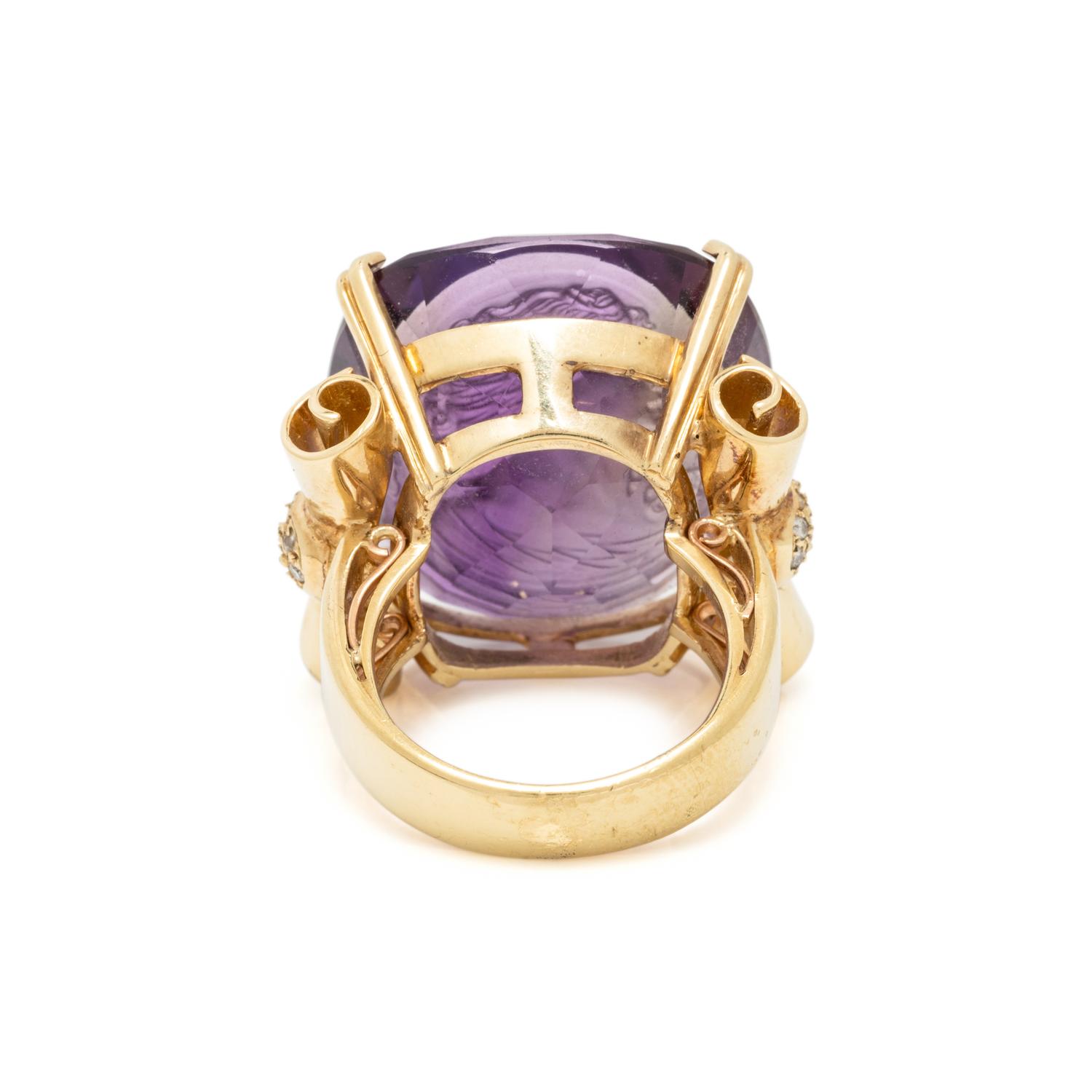 YELLOW GOLD, INTAGLIO AMETHYST, AND DIAMOND NECKLACE AND RING