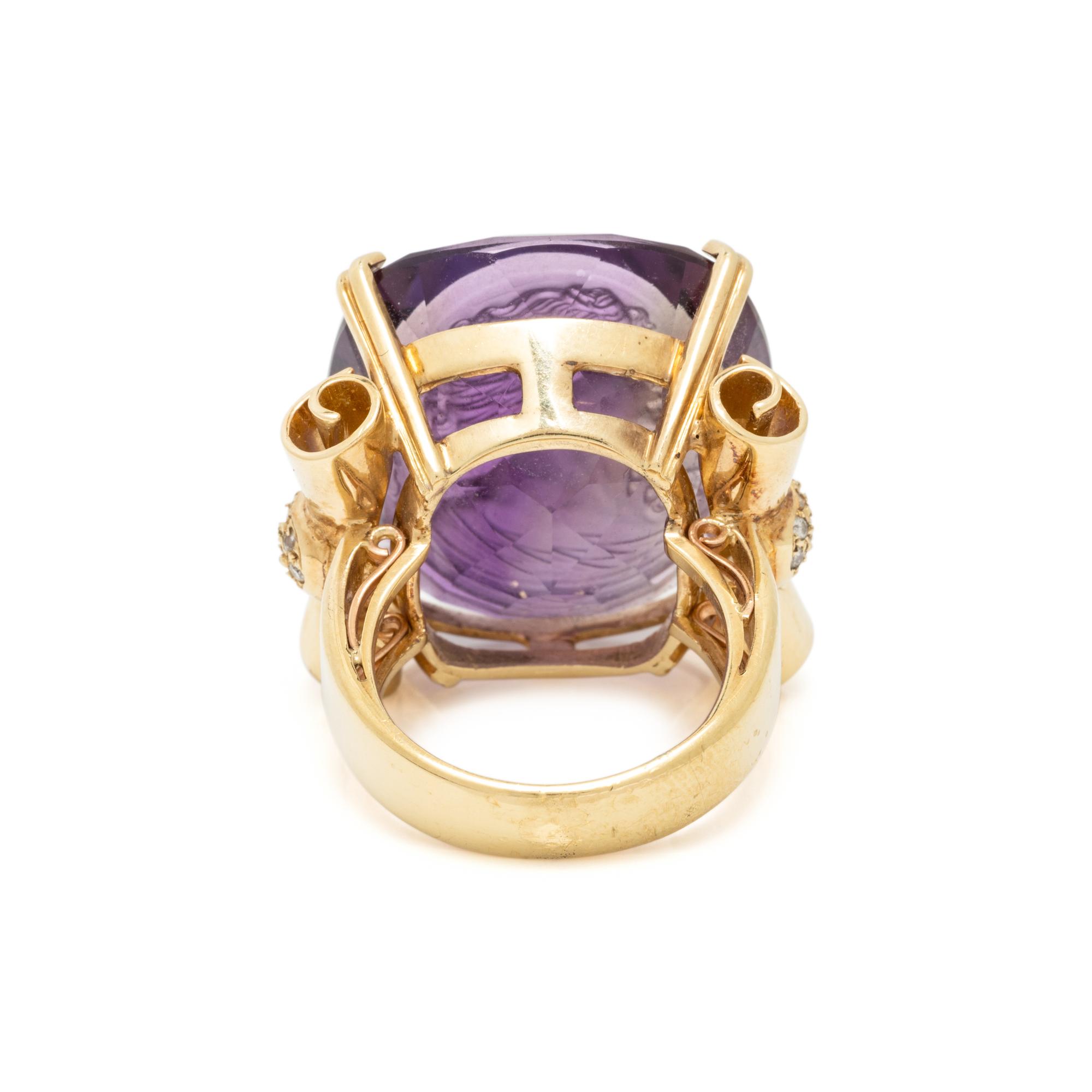 YELLOW GOLD, INTAGLIO AMETHYST, AND DIAMOND NECKLACE AND RING