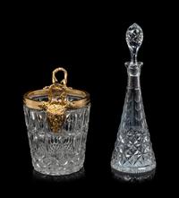 A French Gilt Metal Mounted Cut Glass Wine Cooler and a Similar Decanter