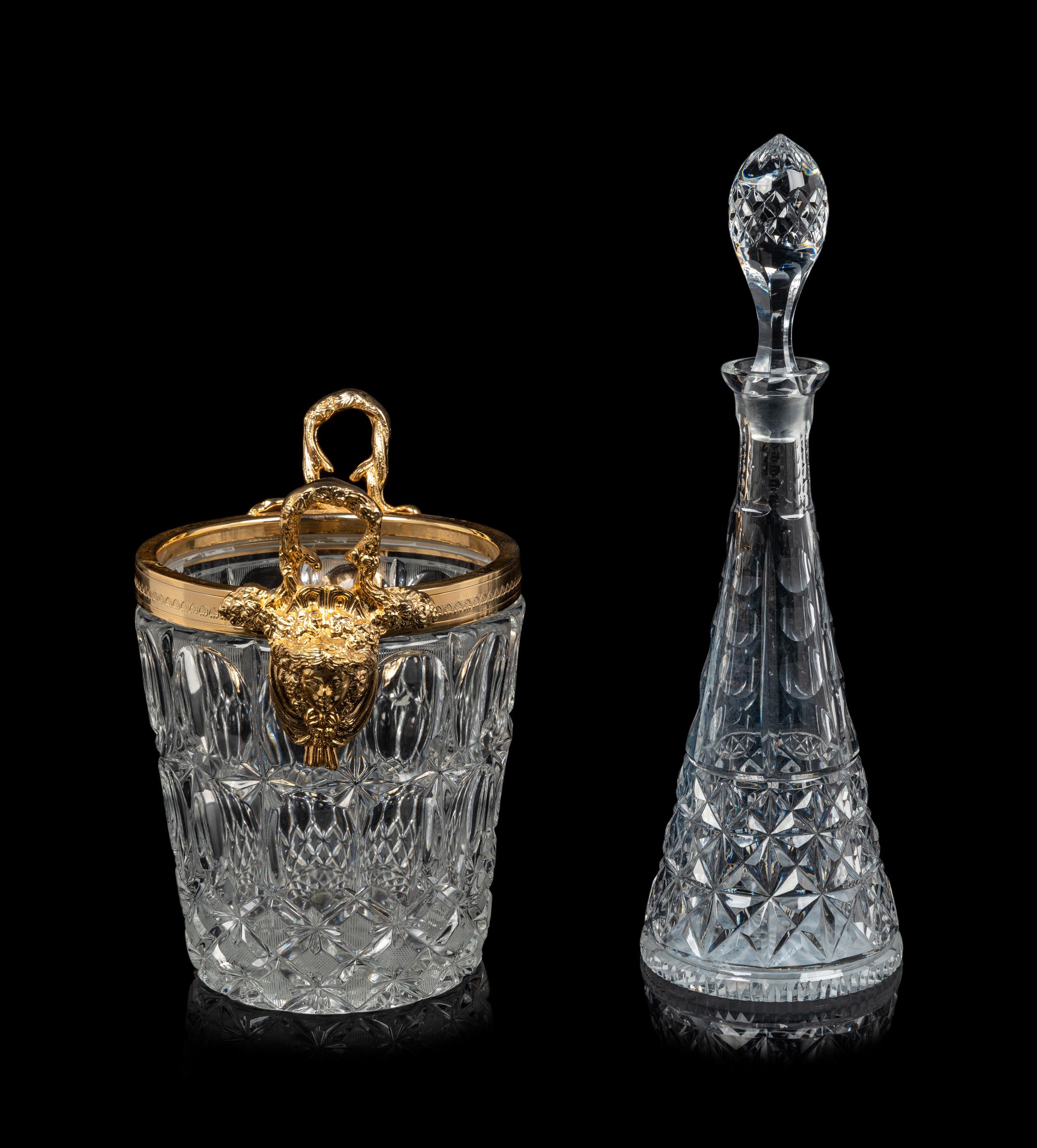 A French Gilt Metal Mounted Cut Glass Wine Cooler and a Similar Decanter