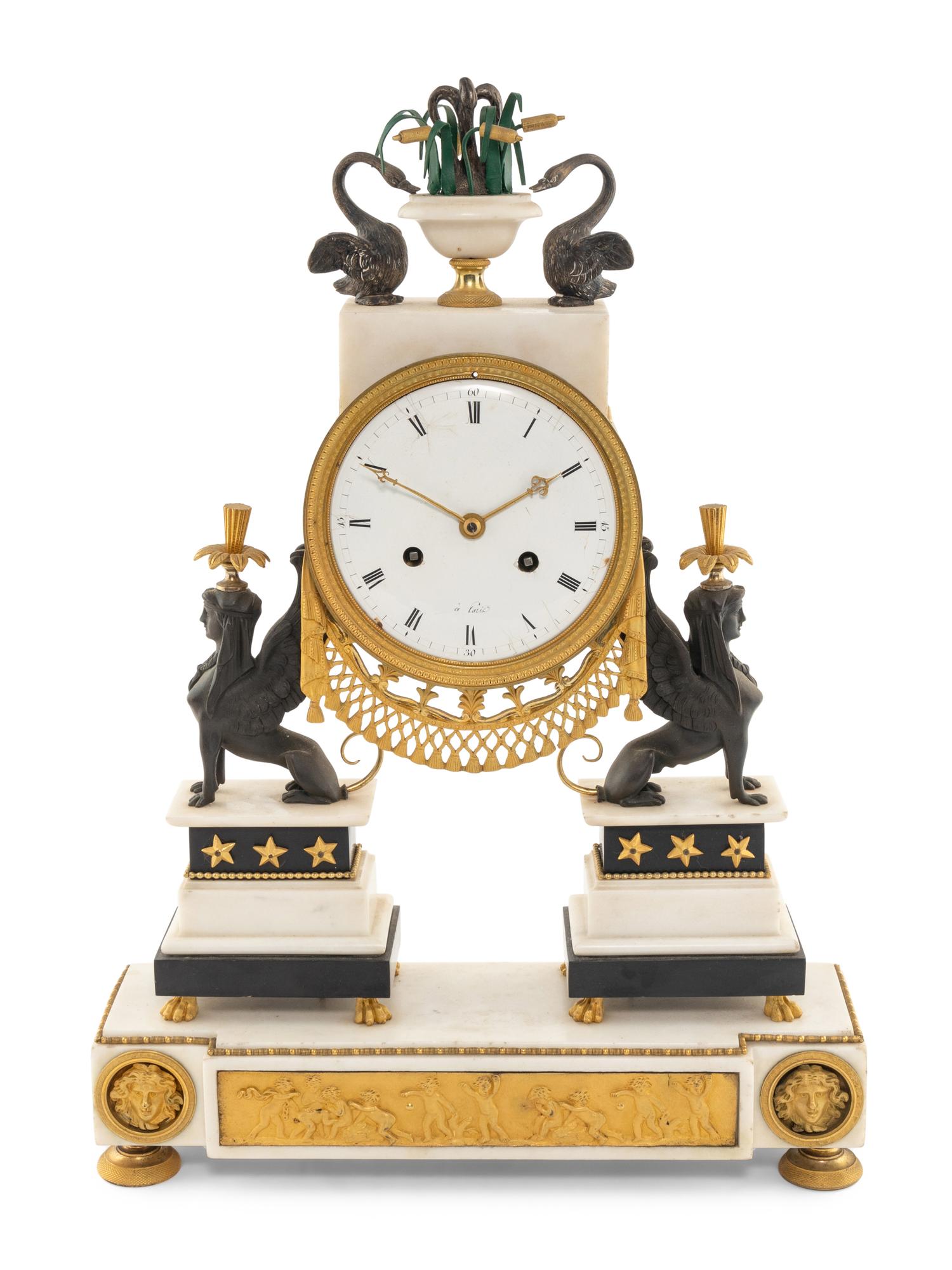 A Directoire Ormolu Mounted White Marble Clock