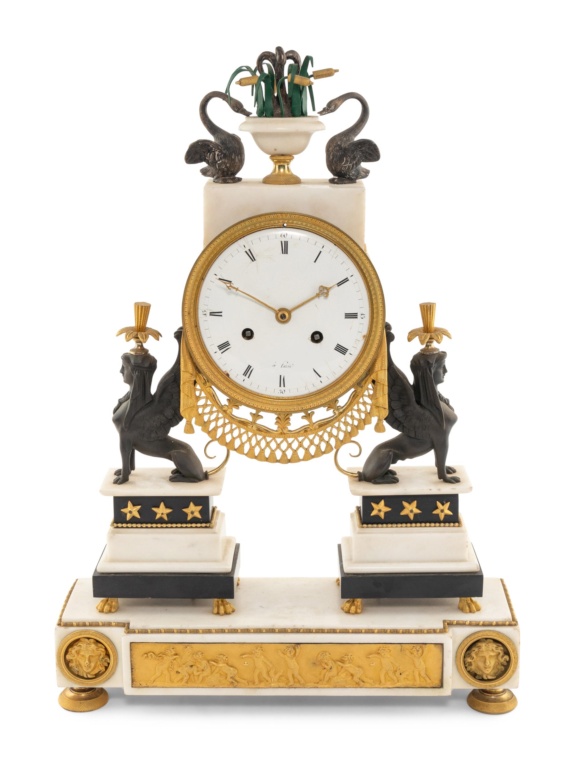 A Directoire Ormolu Mounted White Marble Clock