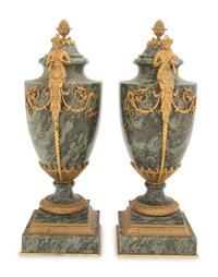 A Pair of French Gilt Bronze Mounted Marble Urns