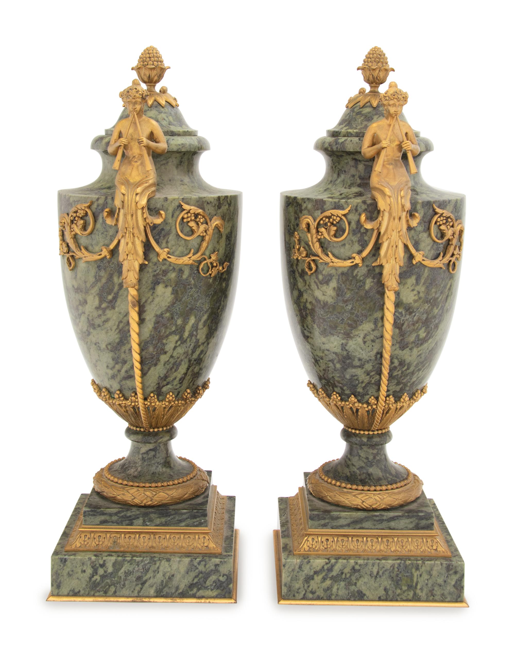 A Pair of French Gilt Bronze Mounted Marble Urns