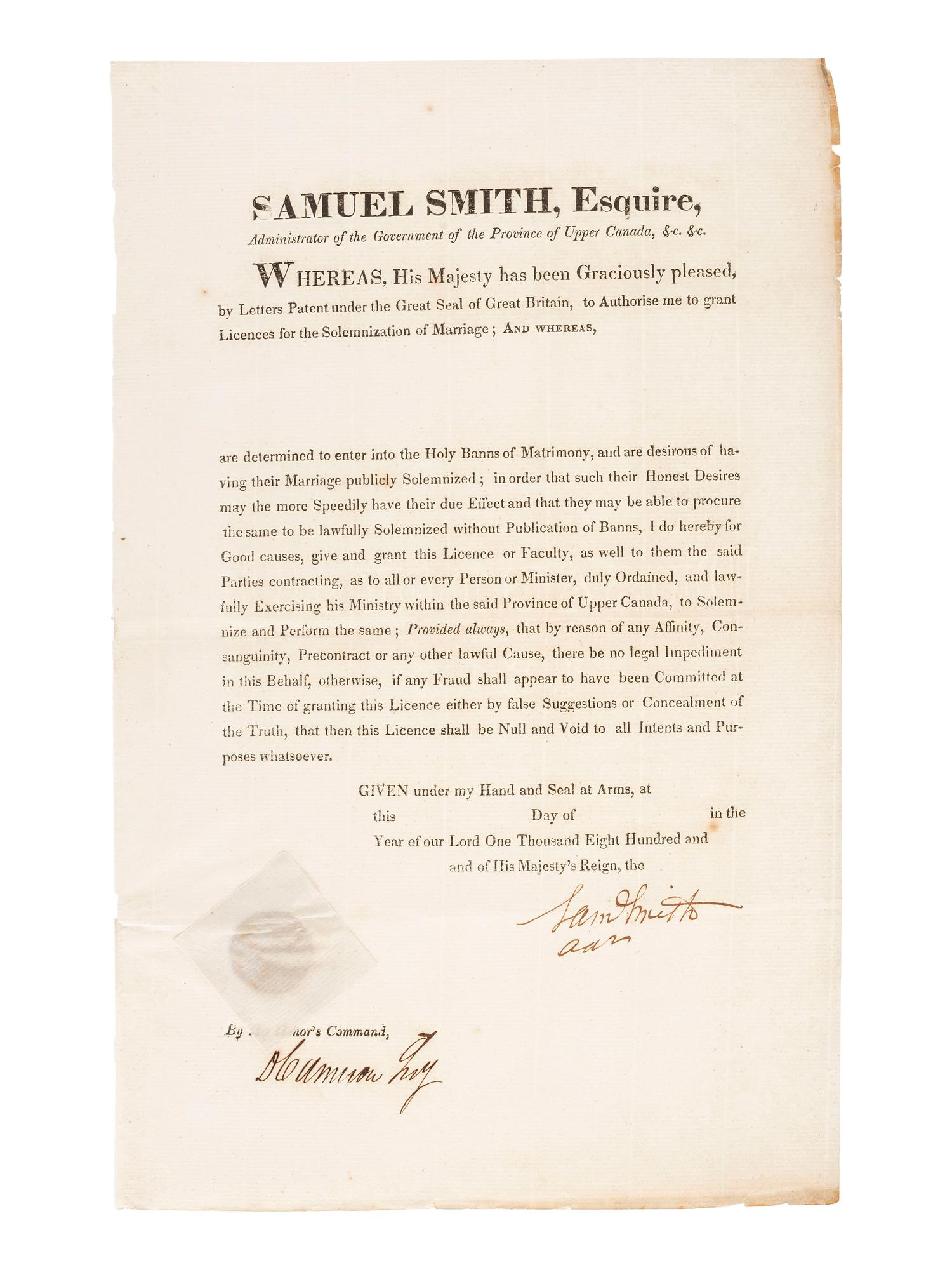 [REVOLUTIONARY WAR]. A group of 2 documents relating to the Province of Upper Canada, including one signed by Loyalist Samuel Smith (1756-1826) who served as Captain of the Queen's Rangers and surrendered at Yorktown.