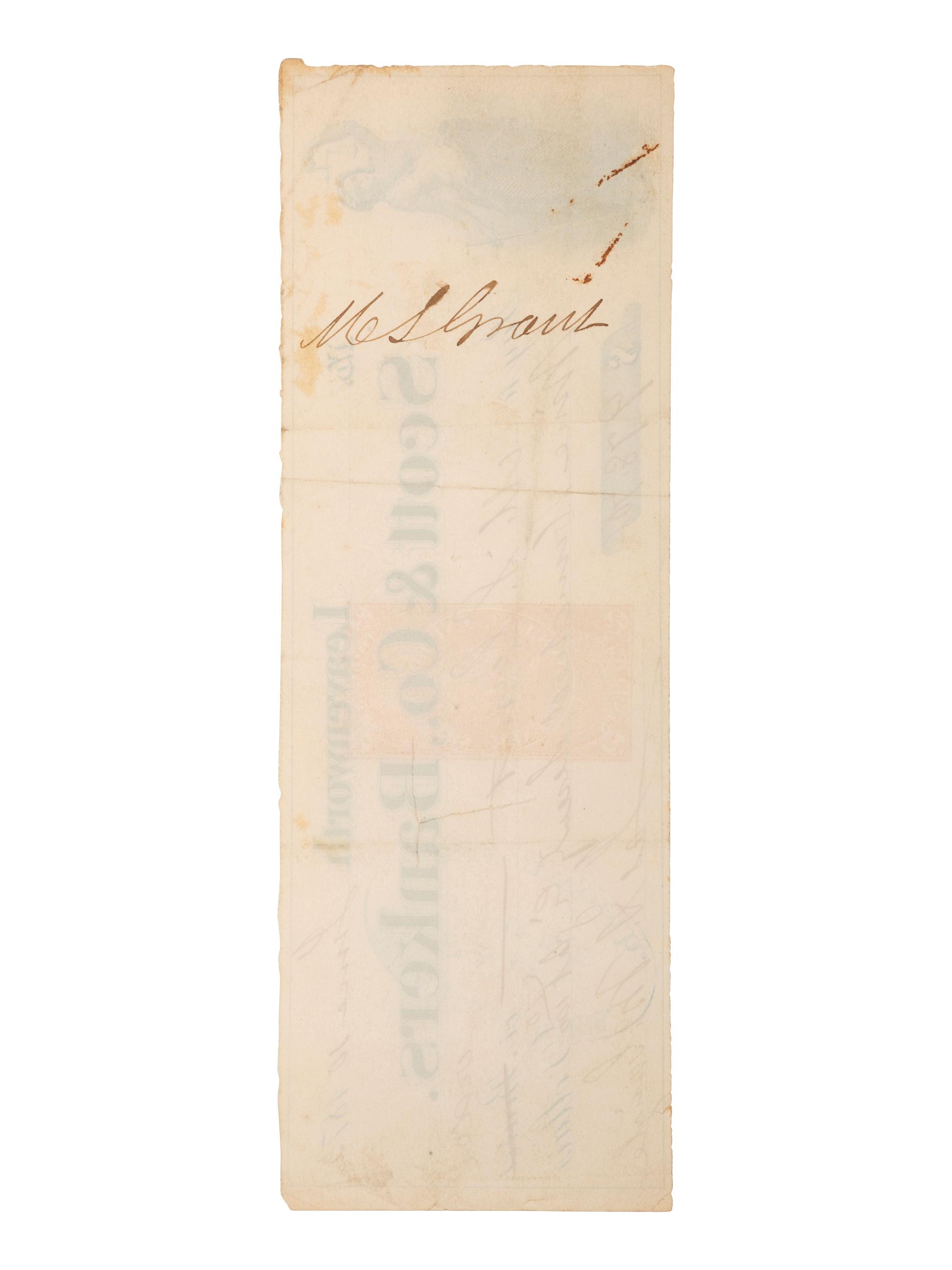 [GRANT, U.S. (1822-1885)]. Check made out to U.S. Grant. Leavenworth, KS, 10 June 1872.