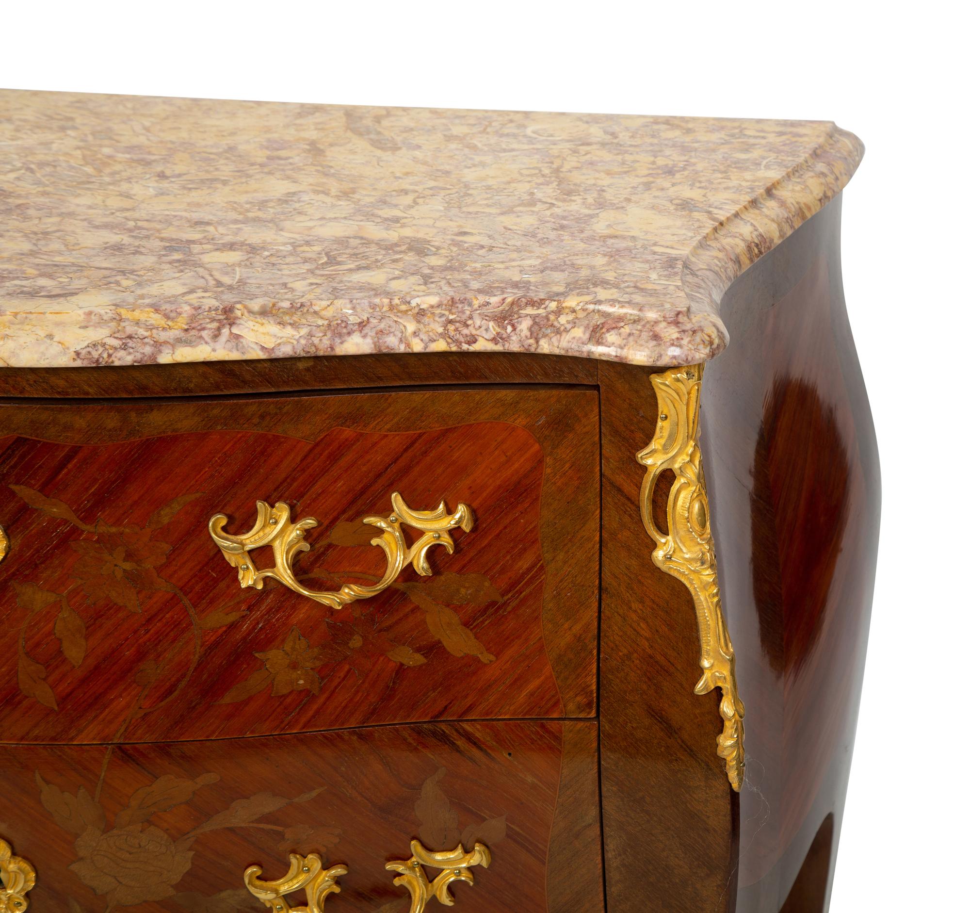 A Louis XV Style Marquetry, Gilt Bronze Mounted Marble Top Commode — 20TH CENTURY