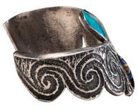 Tufa Cast Silver Cuff, with Turquoise, Jet, Shell, Coral, and Lapis Inlay Lot is located and will ship from Denver, Colorado.