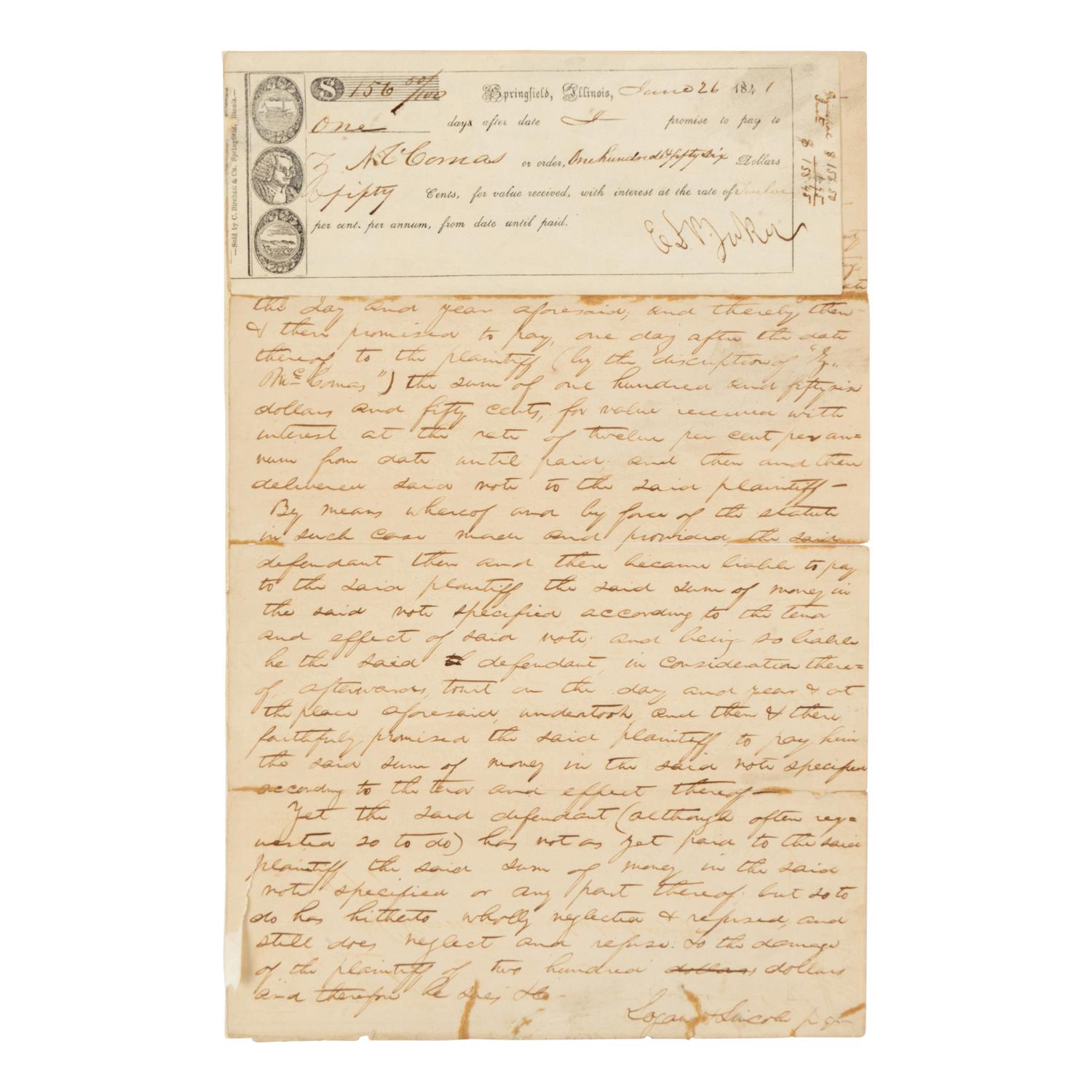 LINCOLN, Abraham (1809-1865). Autograph legal document, signed ("Logan & Lincoln"). Sangamon County, July 1841.