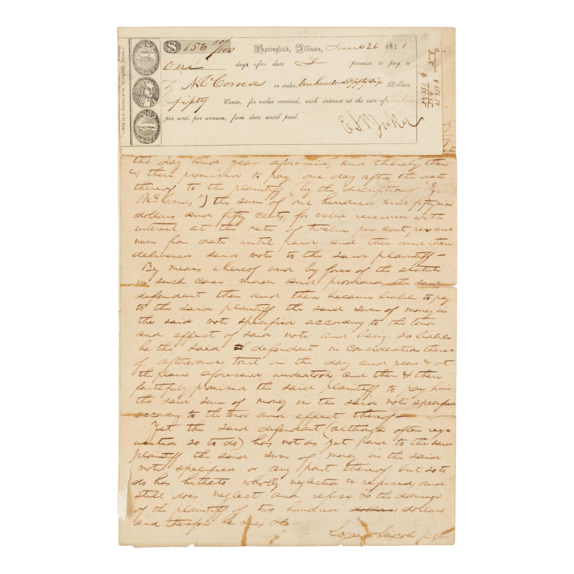 LINCOLN, Abraham (1809-1865). Autograph legal document, signed ("Logan & Lincoln"). Sangamon County, July 1841.
