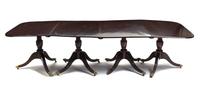 A Georgian Style Mahogany Quadruple Pedestal Dining Table, Height 29 3/4 x width 115 3/4 x depth 43 1/4 inches, together with 3 additio