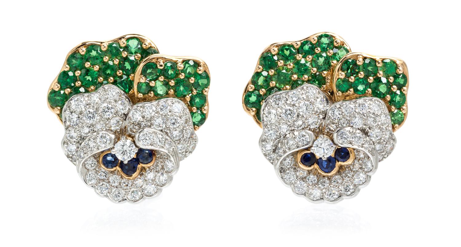 A Pair of Platinum, Gold, Diamond, Tsavorite Garnet, and Sapphire Pansy Earclips, Oscar Heyman Brothers for Tiffany & Co., 15.30 dwts.