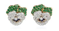 A Pair of Platinum, Gold, Diamond, Tsavorite Garnet, and Sapphire Pansy Earclips, Oscar Heyman Brothers for Tiffany & Co., 15.30 dwts.