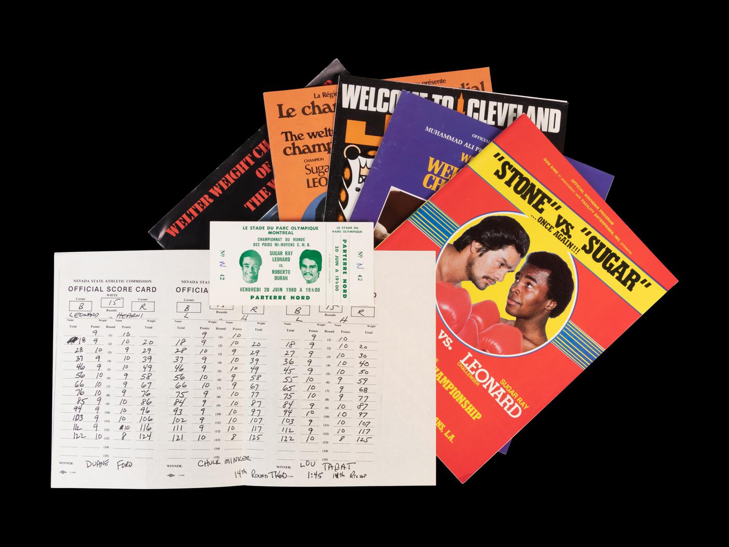 A Group of Sugar Ray Leonard, Thomas Hearns and Roberto Duran On Site Boxing Programs, Tickets and Press Passes,