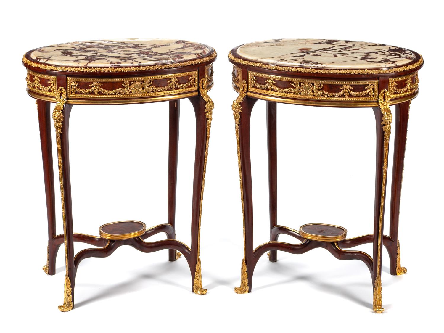 A Pair of Louis XV Style Gilt Bronze Mounted Side Tables