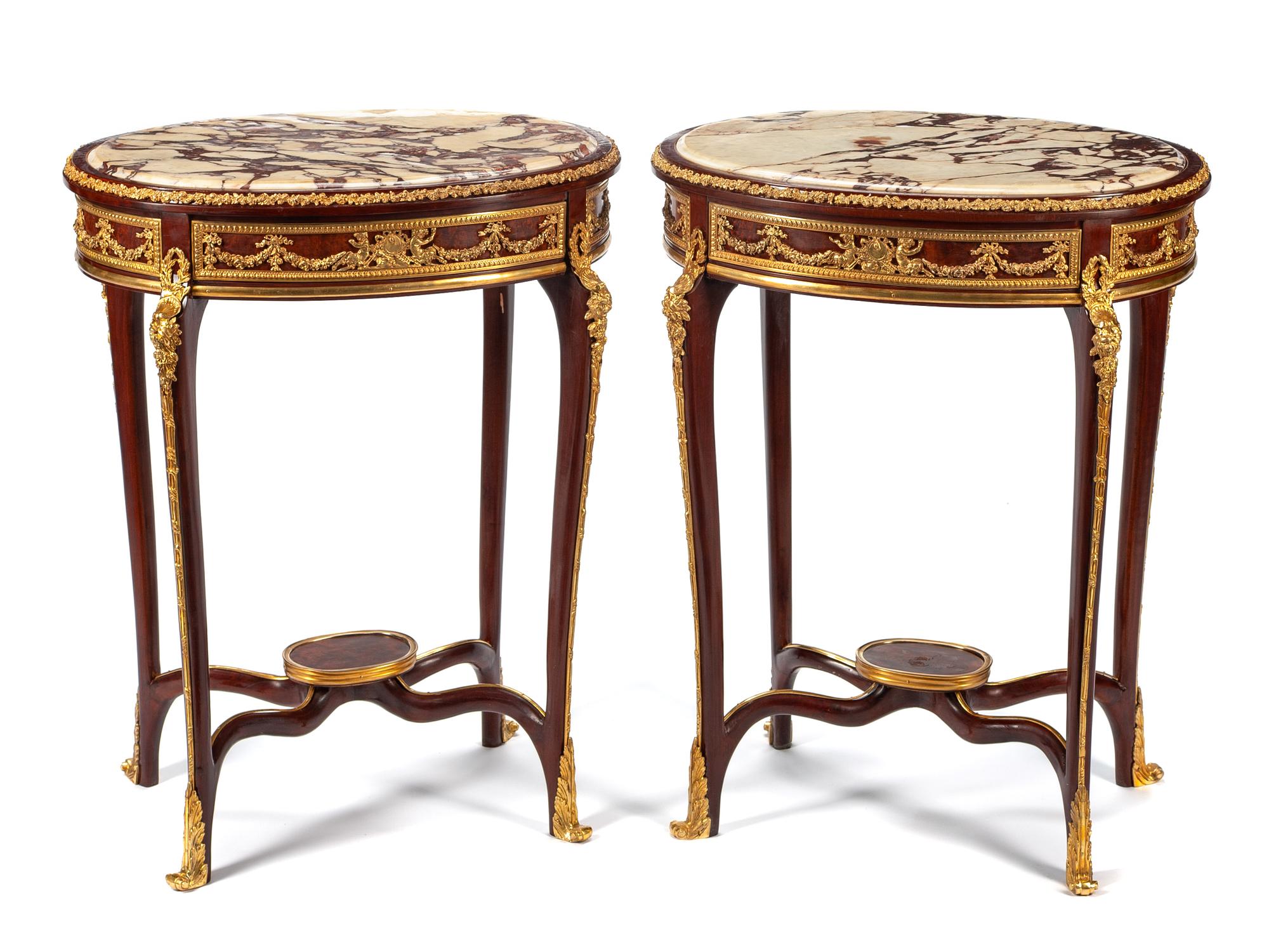 A Pair of Louis XV Style Gilt Bronze Mounted Side Tables