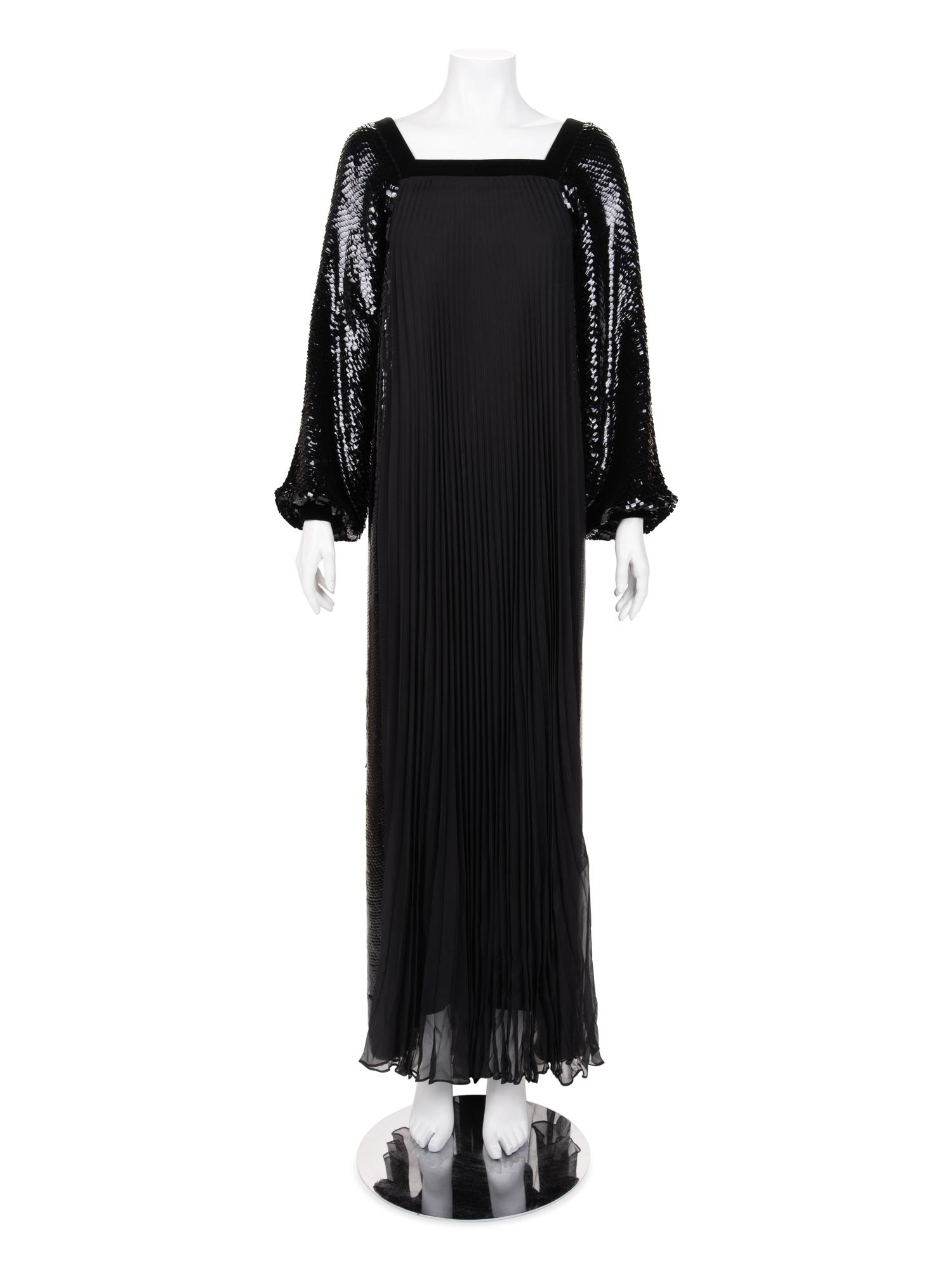 Givenchy Haute Couture Pleated Silk Gown with Sequin Sleeves and Side Panels, c. 1977