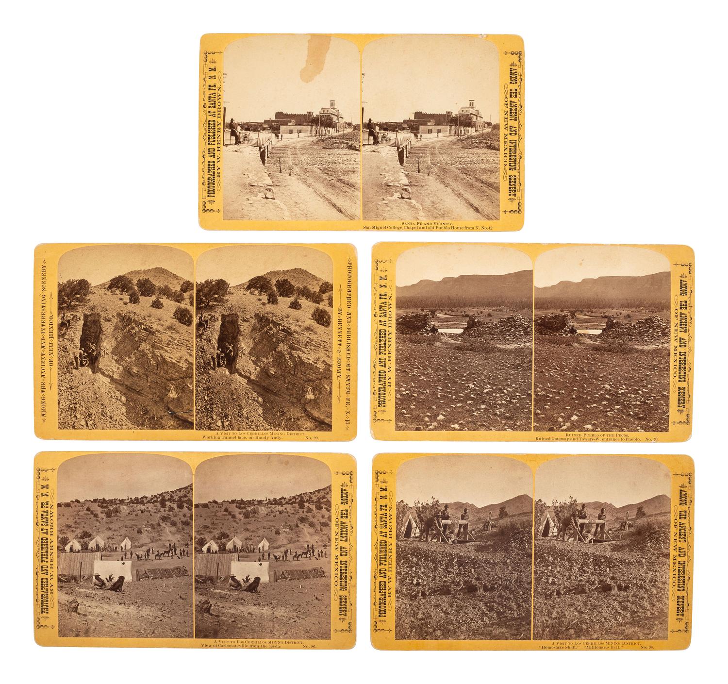 [WESTERN AMERICANA]. BROWN, W. Henry (1844-1886). Group of 5 stereoviews. Santa Fe, New Mexico: Bennett & Brown, ca 1870s-1880s.