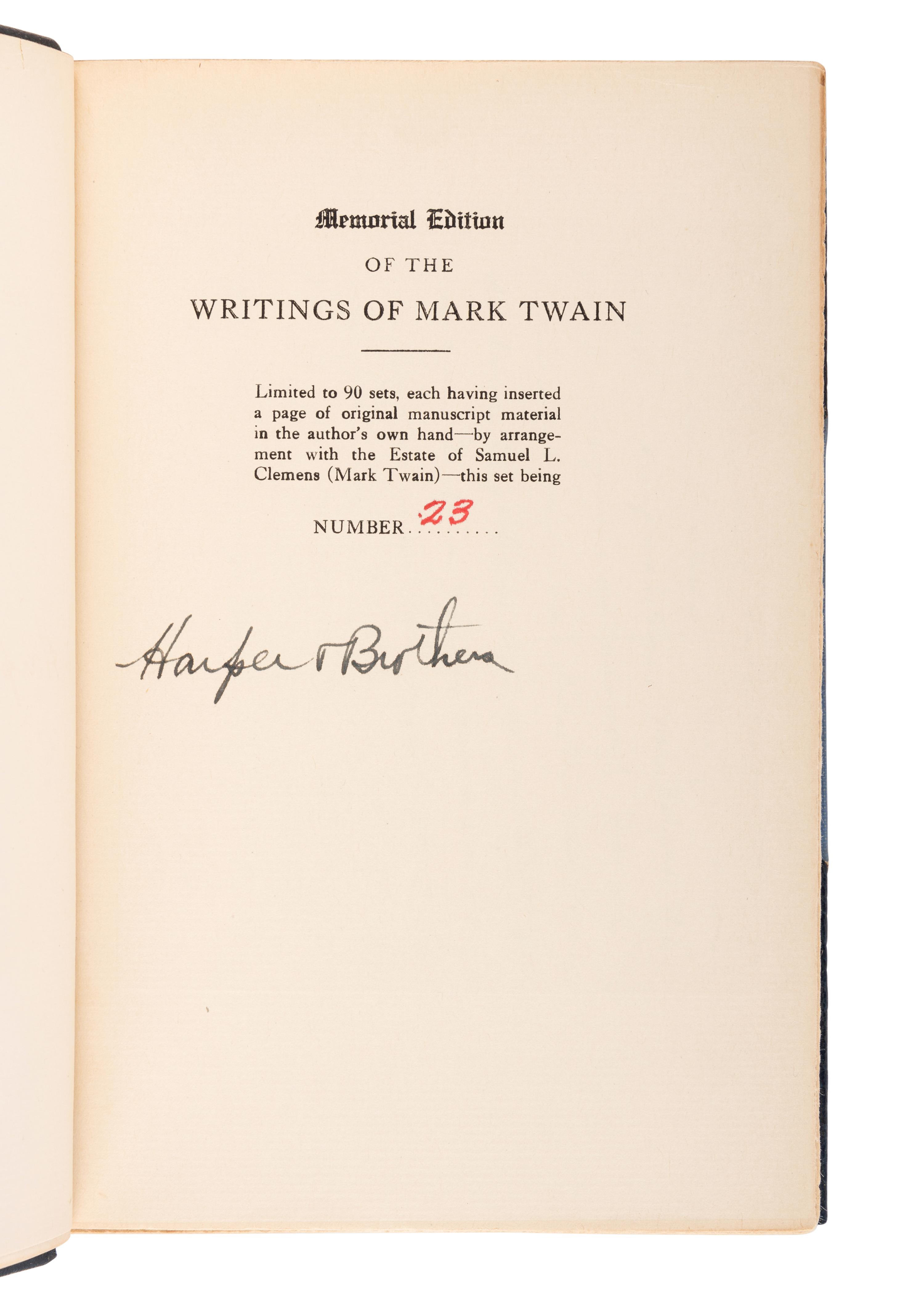 CLEMENS, Samuel Langhorne ("Mark Twain") (1835-1910). The Writings . New York and London: Harper & Brothers, 1929.