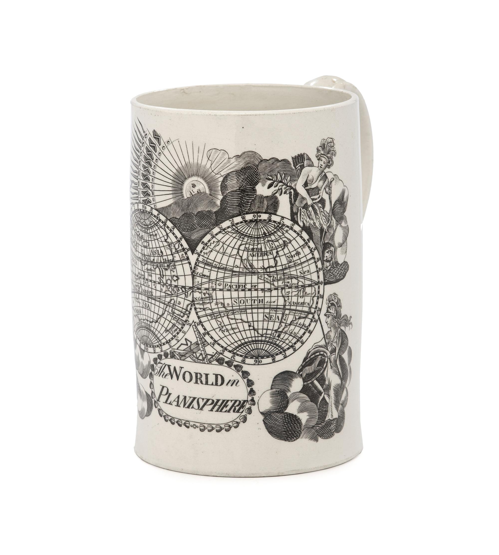 A Liverpool Transfer-Printed Creamware 'World in Planisphere' Mug