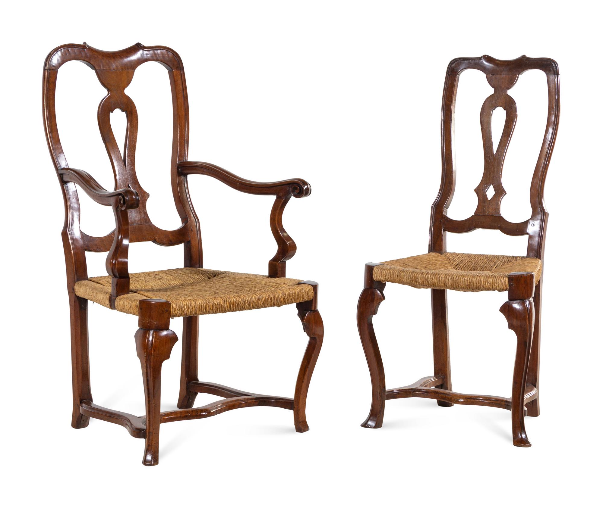 A Set of Eight Italian Walnut Rush-Seat Dining Chairs