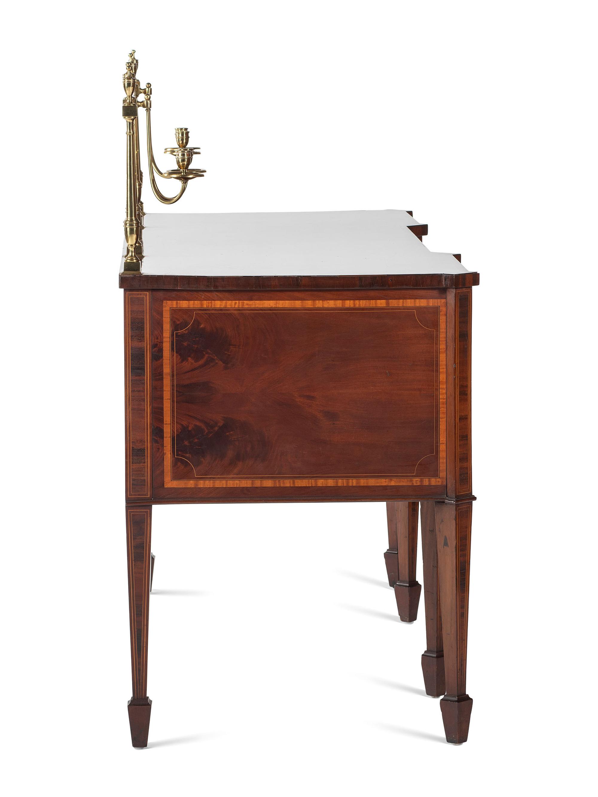 A George III Style Brass Mounted Mahogany and Marquetry Sideboard