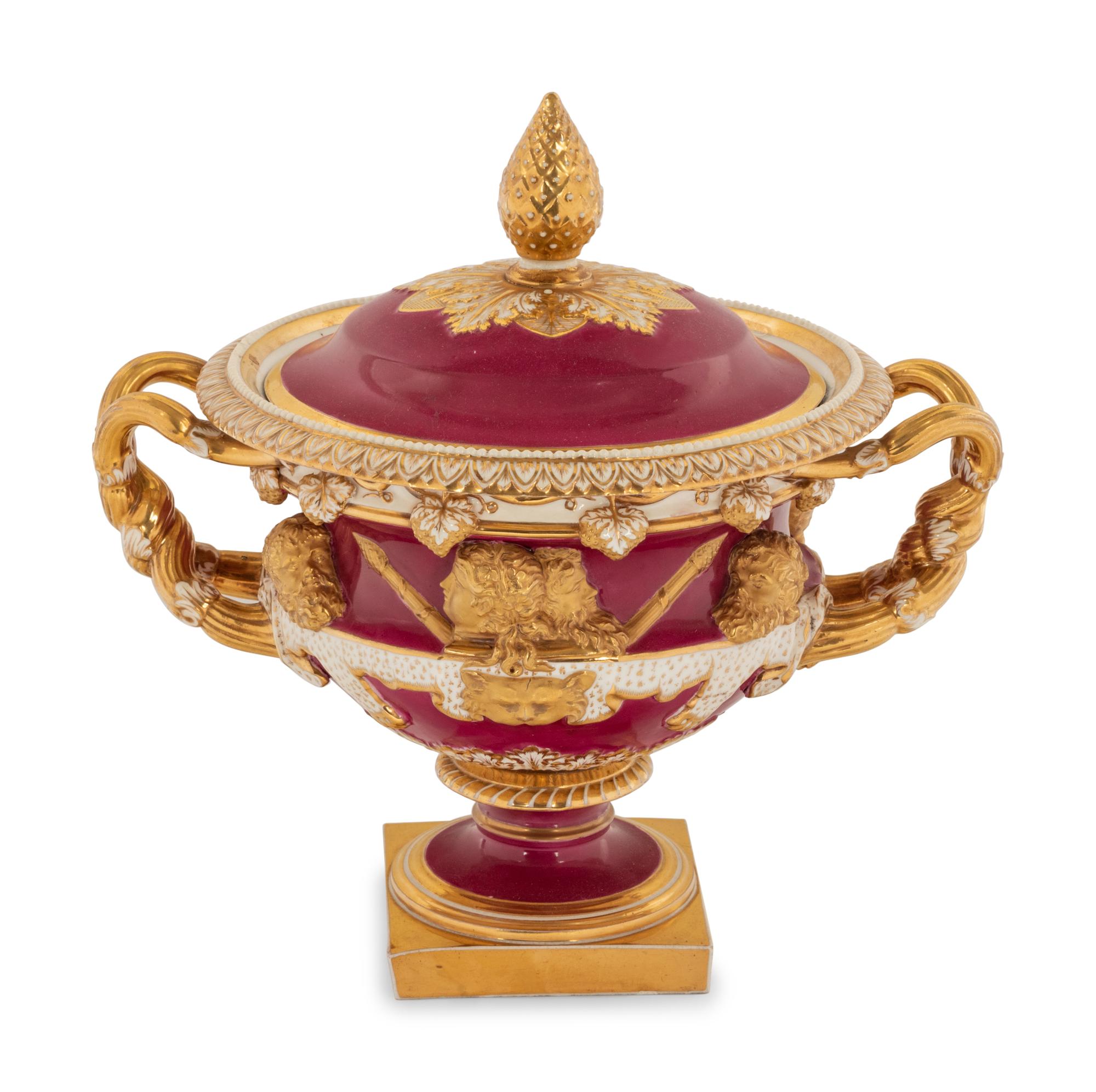 An English Porcelain Tureen and Cover Modeled After the Warwick Vase