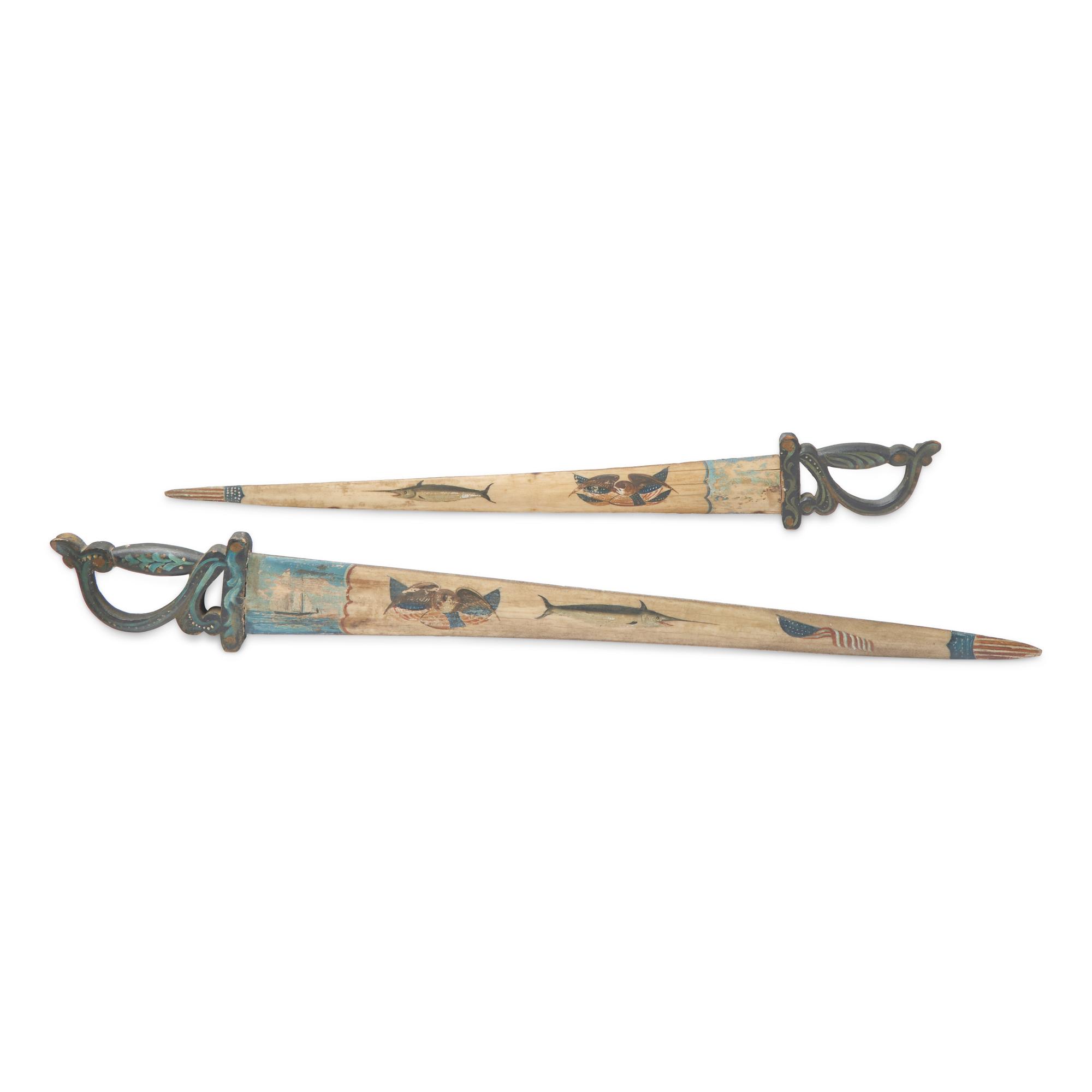 Two Sailor Carved and Painted Swordfish Bill and Wood Swords