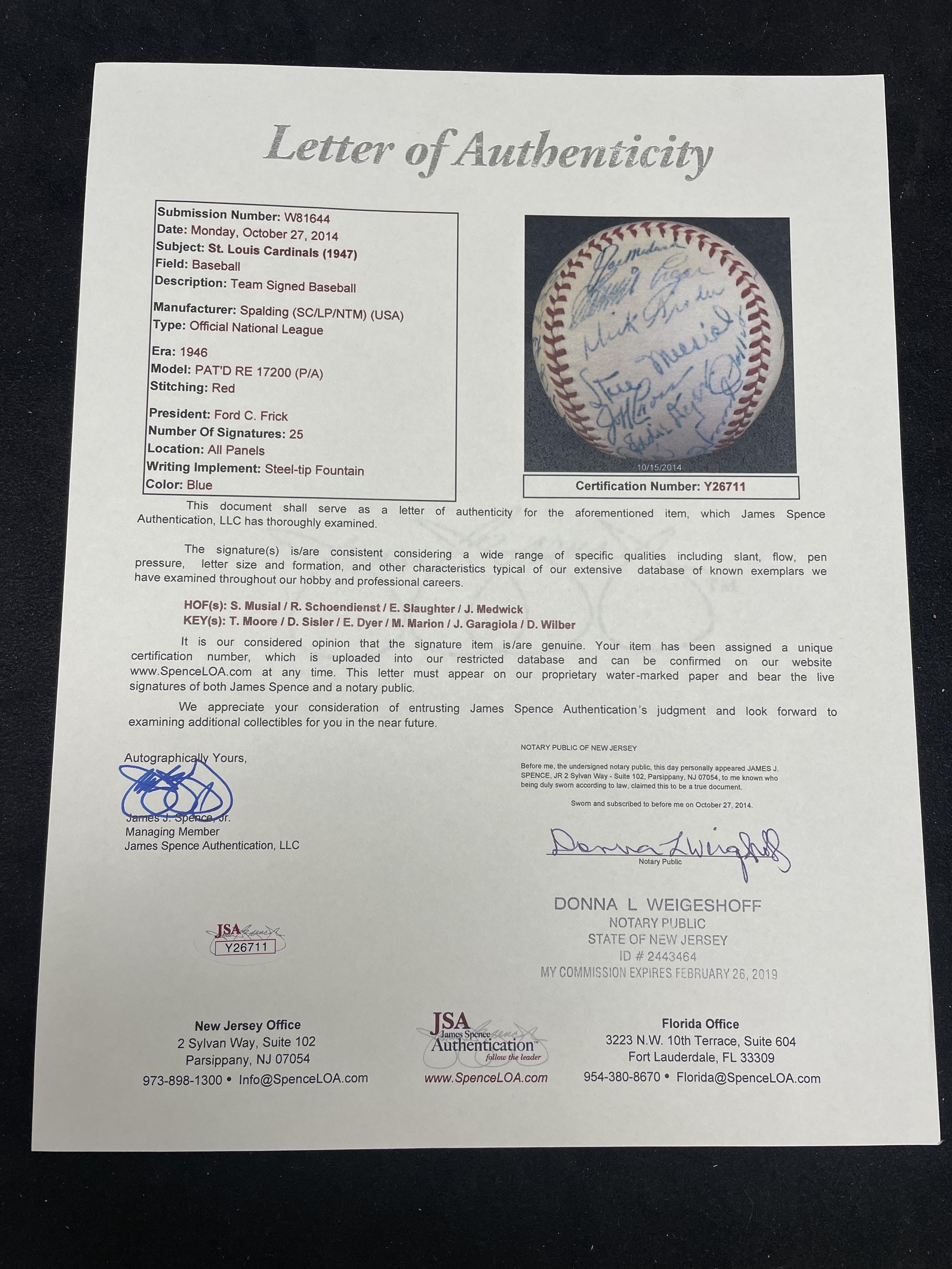 A 1947 St. Louis Cardinals Team Signed Autograph Baseball Featuring Stan Musial and Multiple Hall of Famers (JSA Letter of Authenticity),