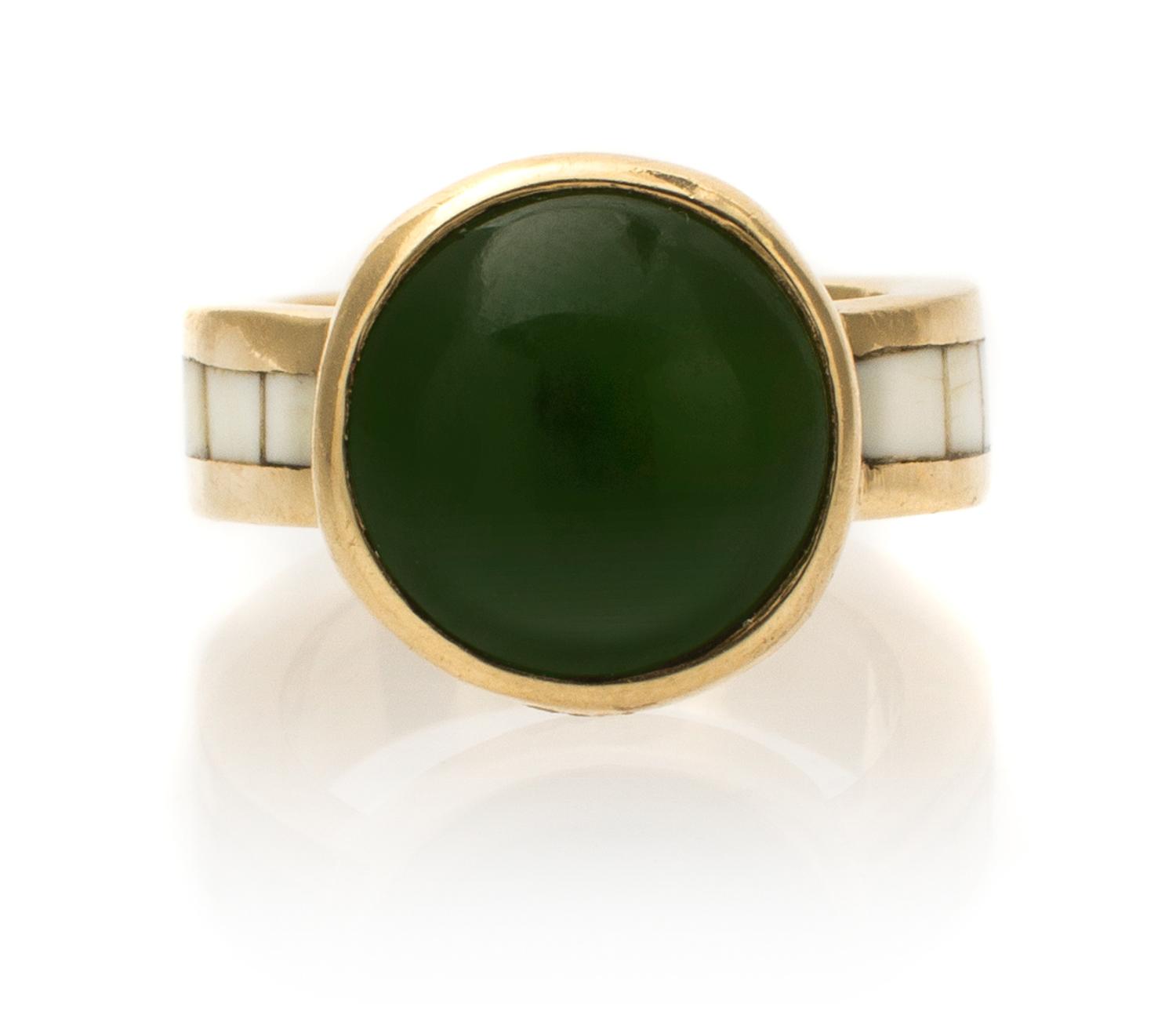 A Collection of 14 Karat Yellow Gold, Jade, Fire Agate and Hardstone Rings, Theodore Drendel, 26.50 dwts.