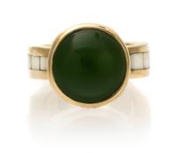A Collection of 14 Karat Yellow Gold, Jade, Fire Agate and Hardstone Rings, Theodore Drendel, 26.50 dwts.