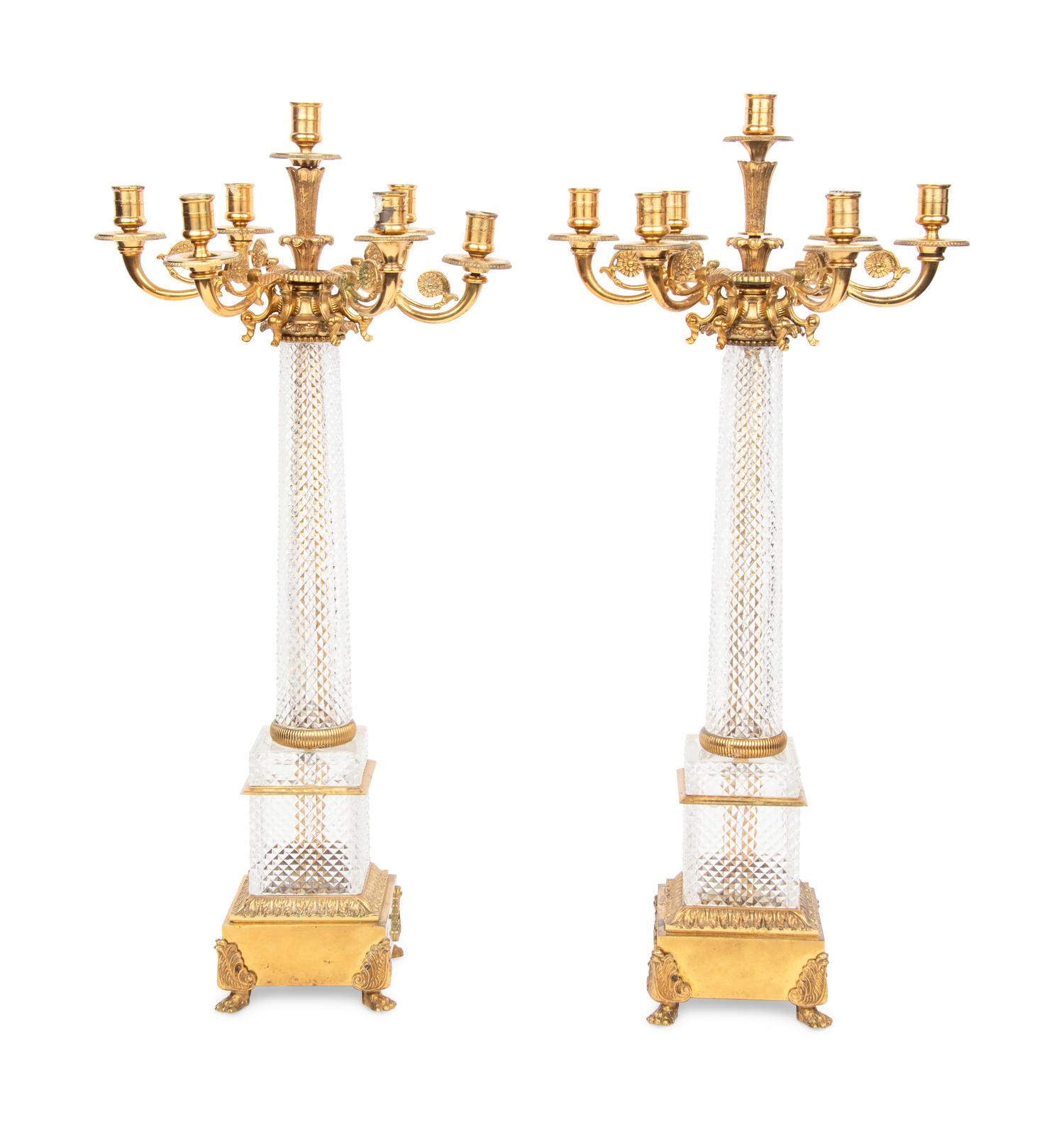 A Pair of Louis-Philippe Style Gilt Metal Mounted Cut Glass Seven-Light Candelabra