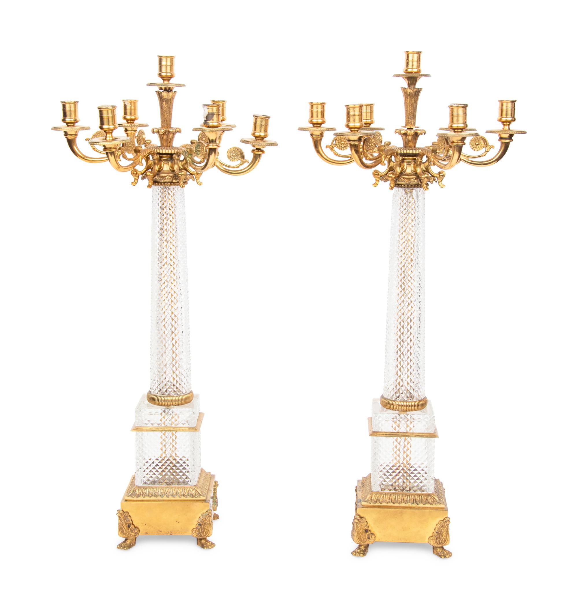 A Pair of Louis-Philippe Style Gilt Metal Mounted Cut Glass Seven-Light Candelabra