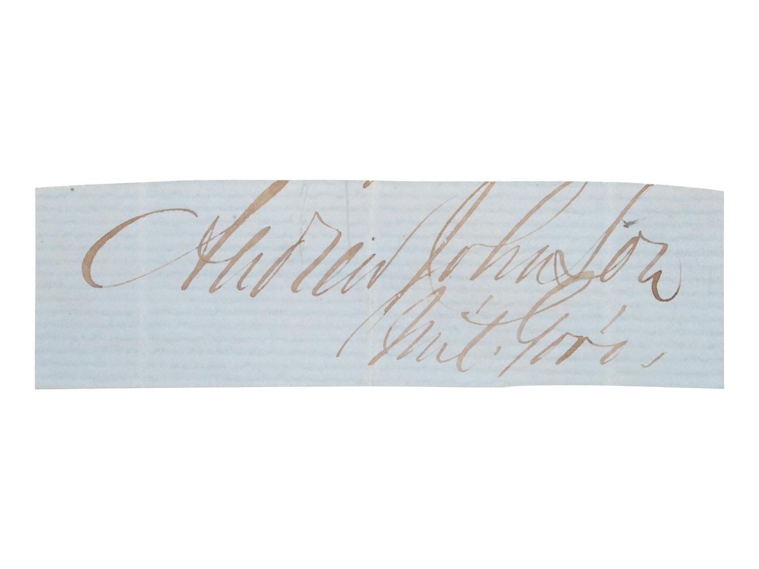 [POLITICS - CIVIL WAR]. 4 signatures, incl. JOHNSON, Andrew. Clipped signature as Military Governor.