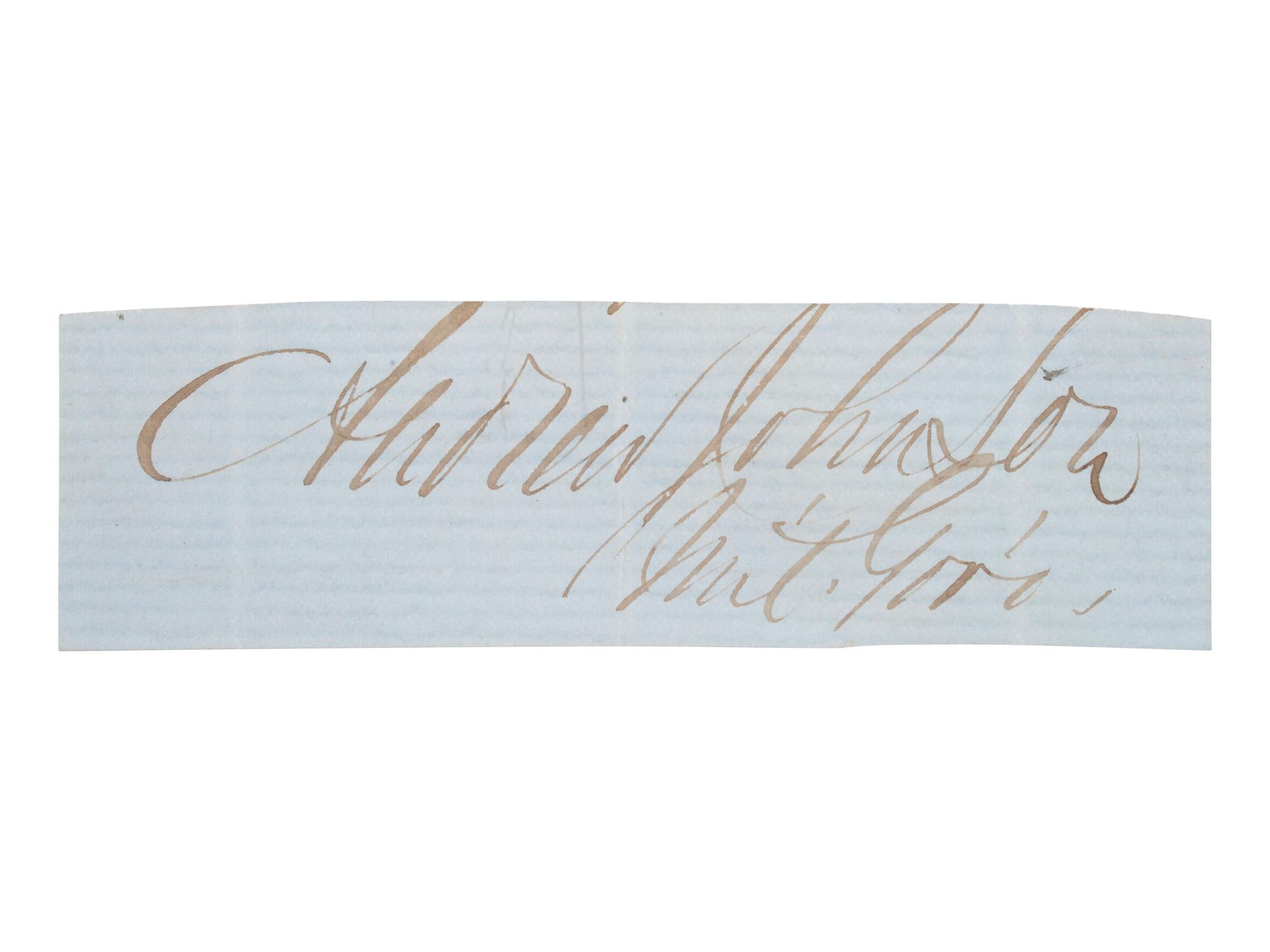 [POLITICS - CIVIL WAR]. 4 signatures, incl. JOHNSON, Andrew. Clipped signature as Military Governor.