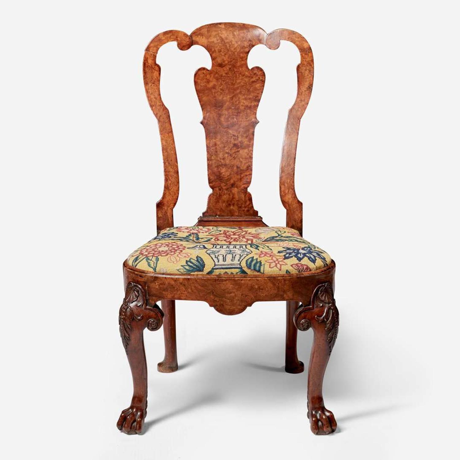 A George I carved and veneered burl walnut side chair circa 1720