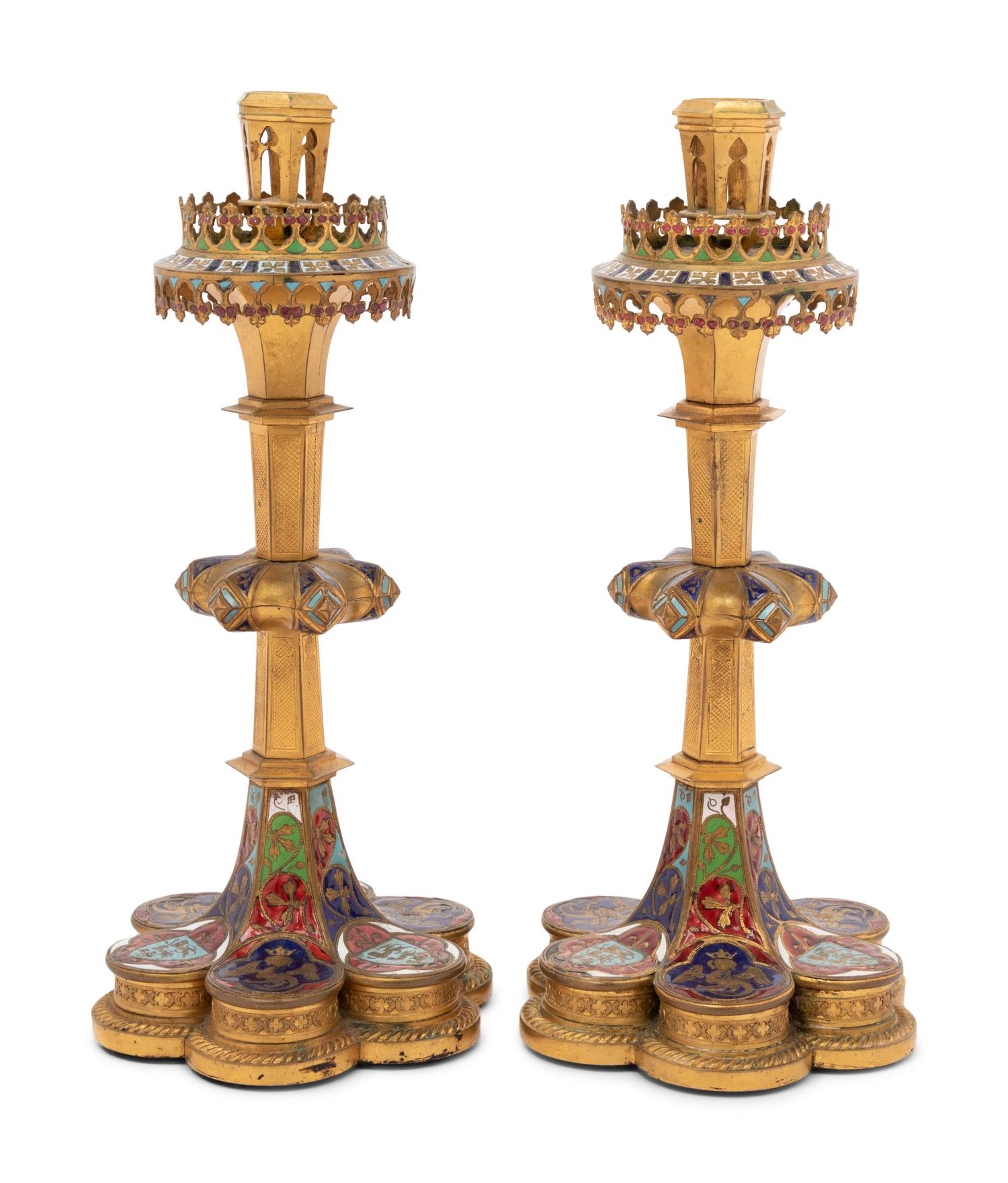 A Pair of Continental Enameled Gilt Bronze Candlesticks