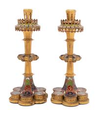 A Pair of Continental Enameled Gilt Bronze Candlesticks