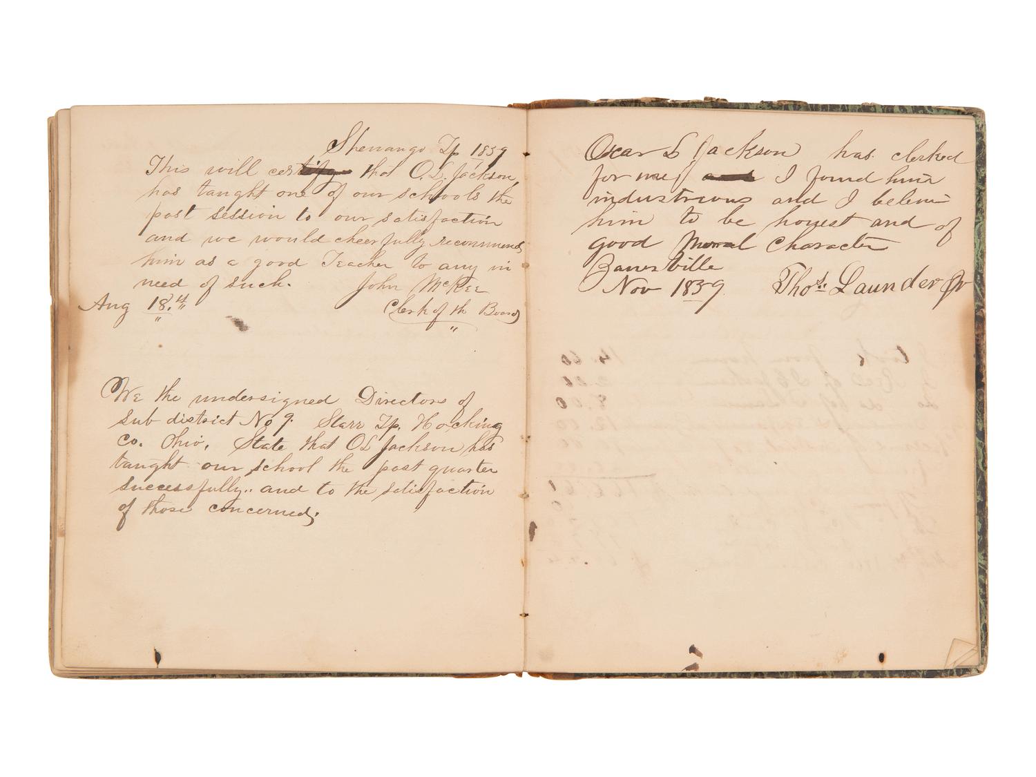 JACKSON, Col. Oscar L. (1840-1920). Five journals, incl. descriptions of Oscar L. Jackson's political activism during the 1860 campaign and his service with 63rd OVI, with campaign broadside noting Jackson as a speaker.