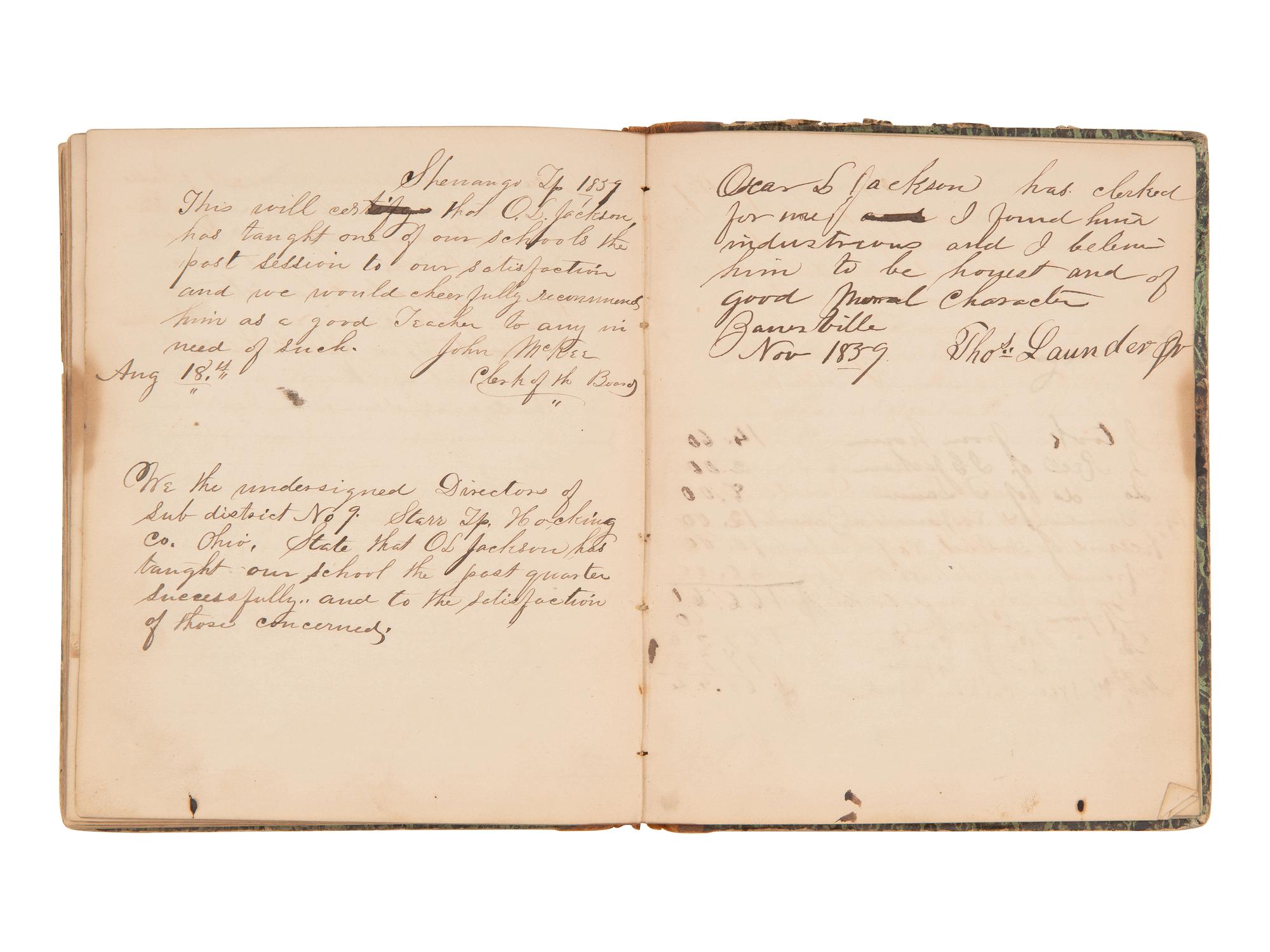 JACKSON, Col. Oscar L. (1840-1920). Five journals, incl. descriptions of Oscar L. Jackson's political activism during the 1860 campaign and his service with 63rd OVI, with campaign broadside noting Jackson as a speaker.