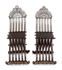 A Pair of Syrian Mother-of-Pearl-Inlaid X-Form Folding Chairs — 20TH CENTURY