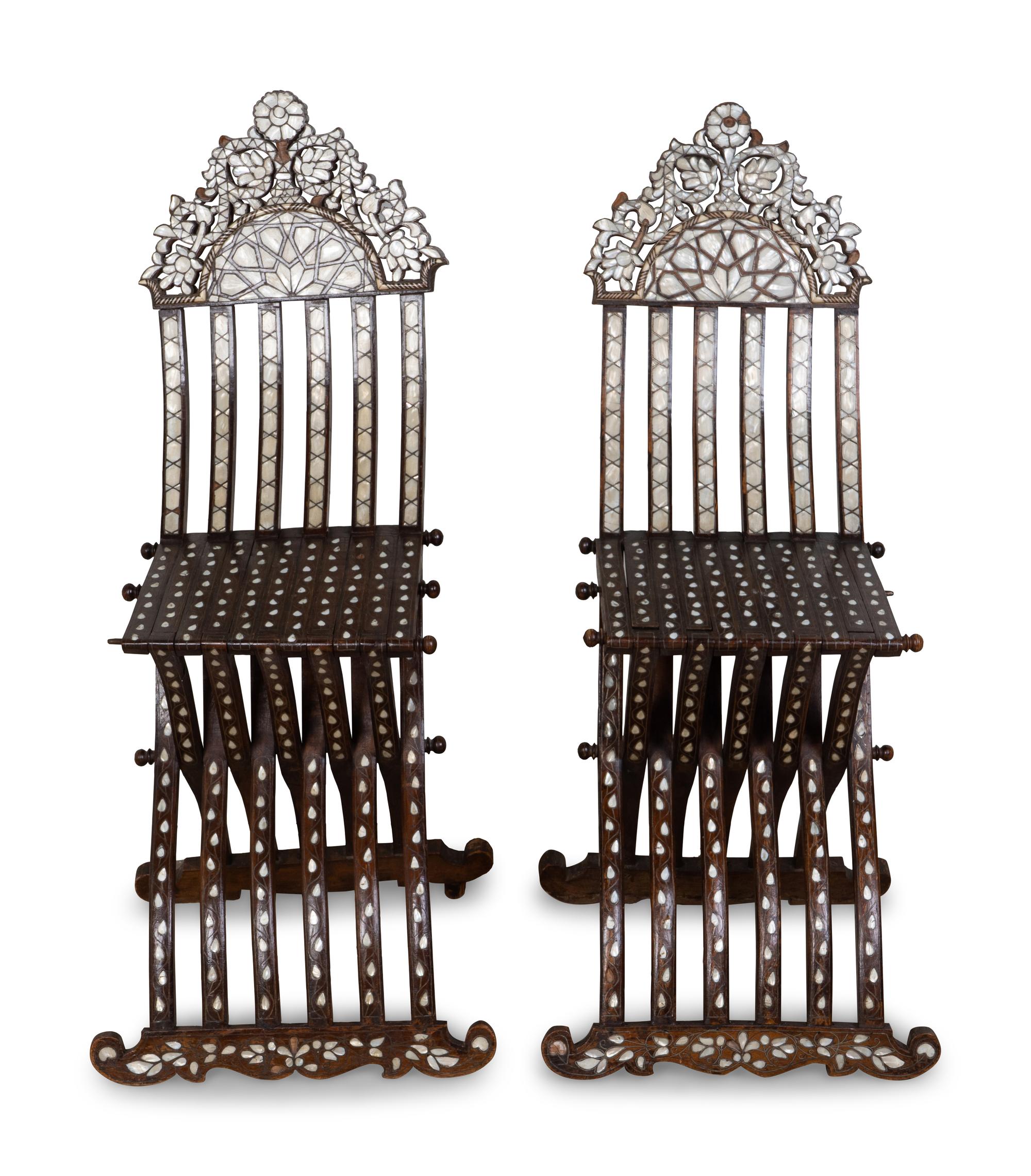 A Pair of Syrian Mother-of-Pearl-Inlaid X-Form Folding Chairs — 20TH CENTURY