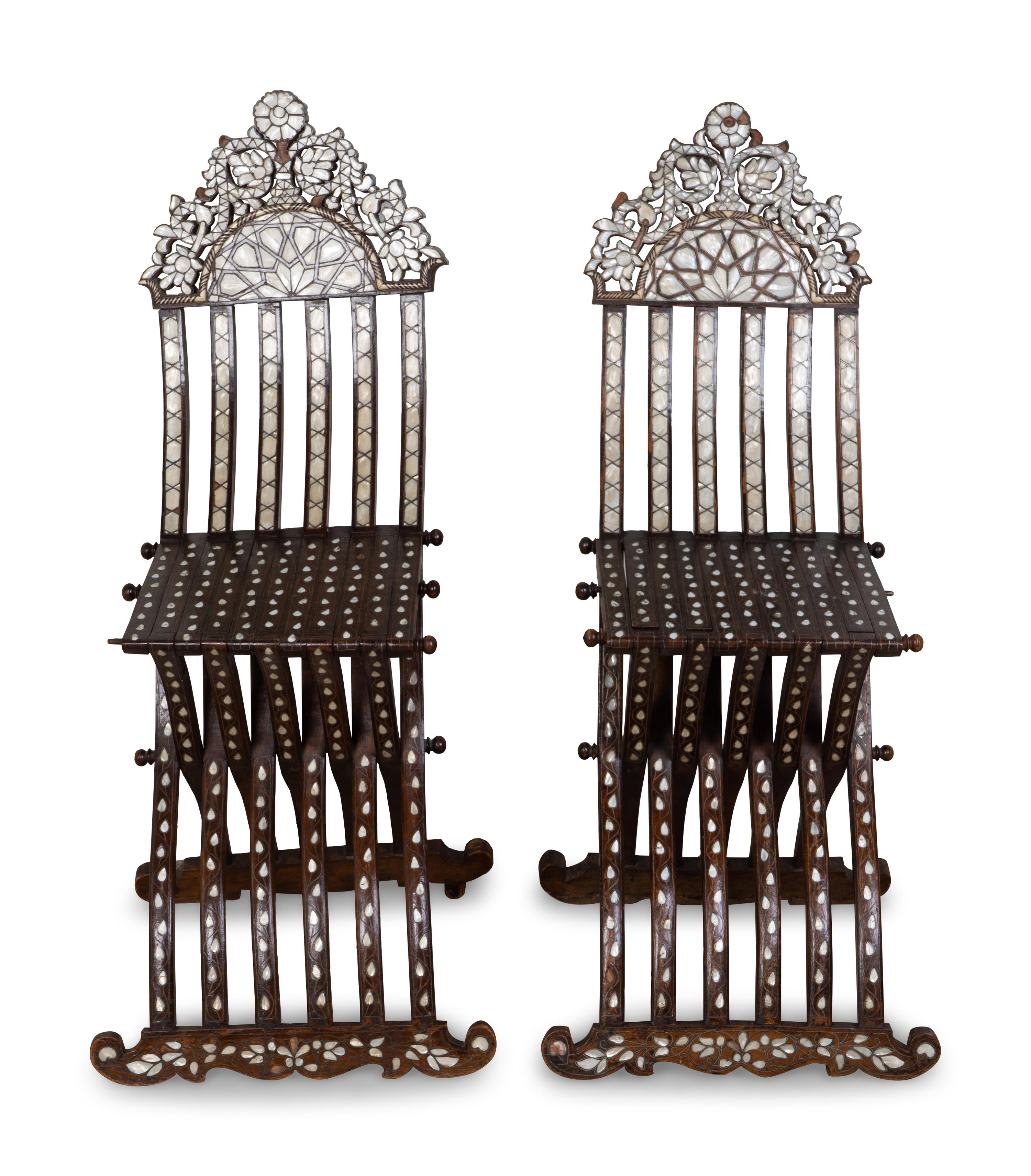 A Pair of Syrian Mother-of-Pearl-Inlaid X-Form Folding Chairs — 20TH CENTURY