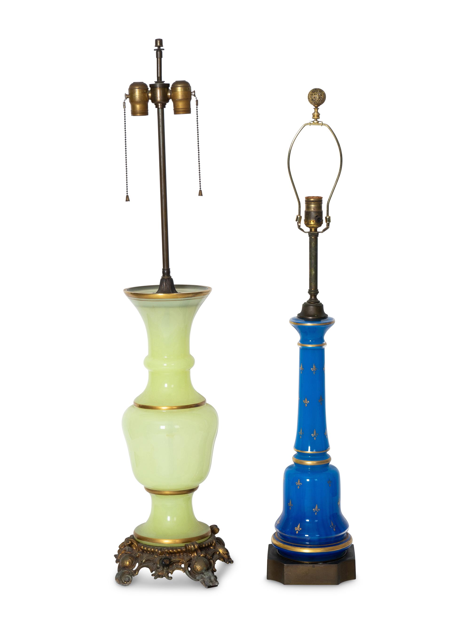 Two French Gilt Decorated Opaline Glass Table Lamps