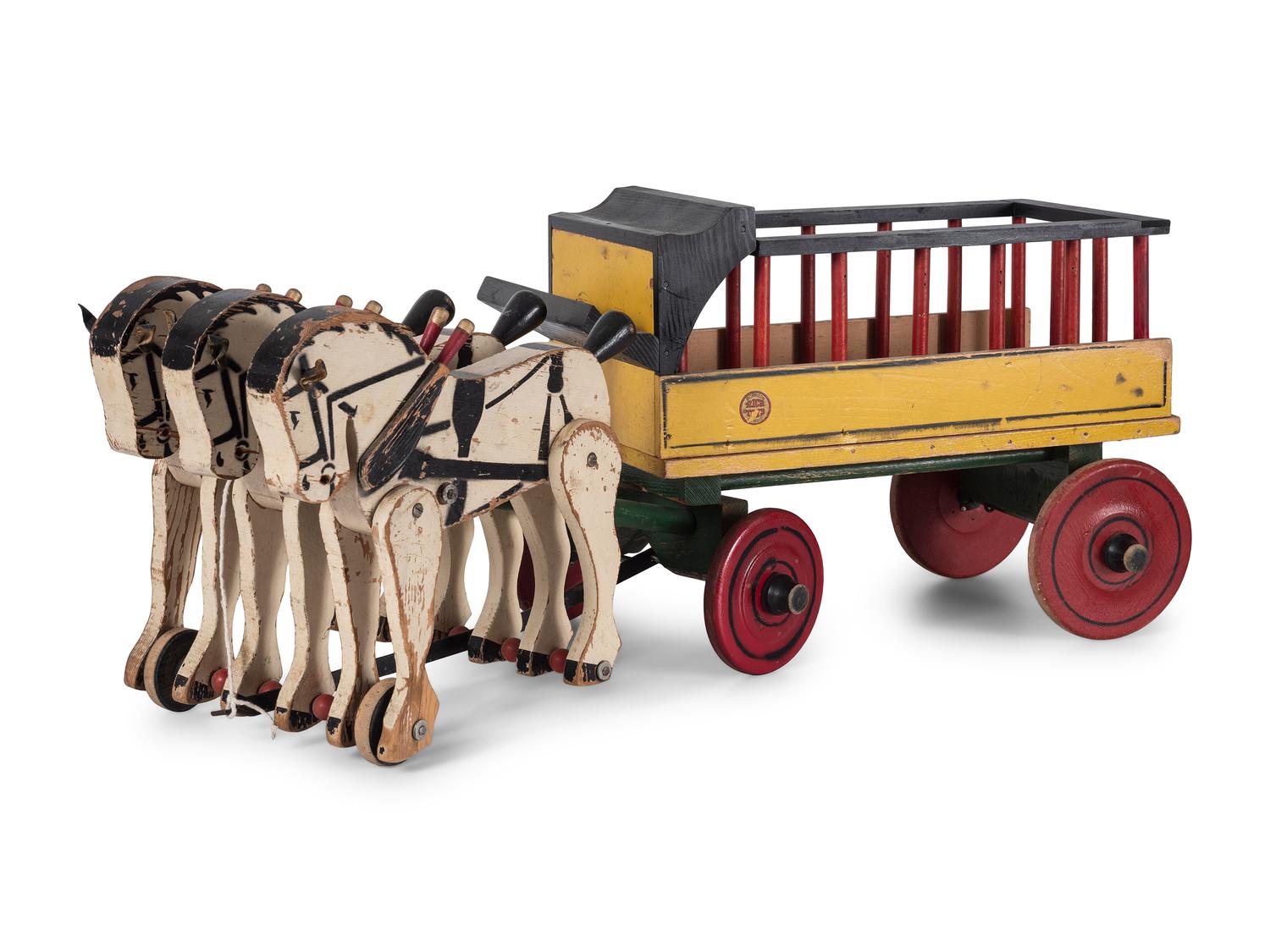Two Rich Toys Painted Wood Three-Horse Team Wagons