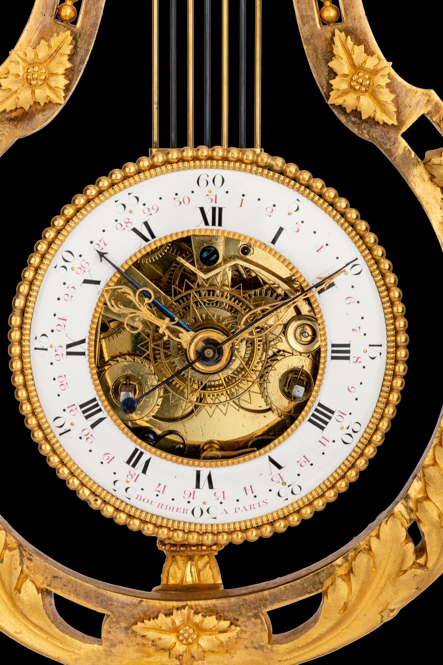 A French Gilt Bronze and Marble Lyre-Form Clock, Bourdier