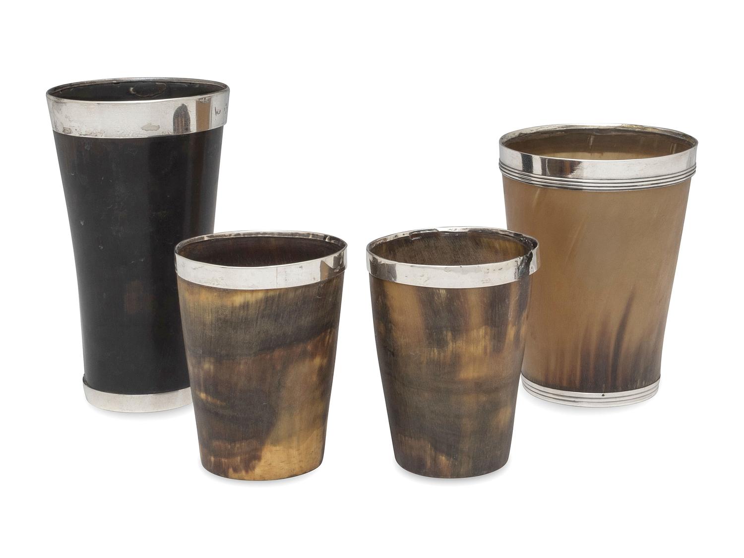 Four Silver Mounted Horn Beakers