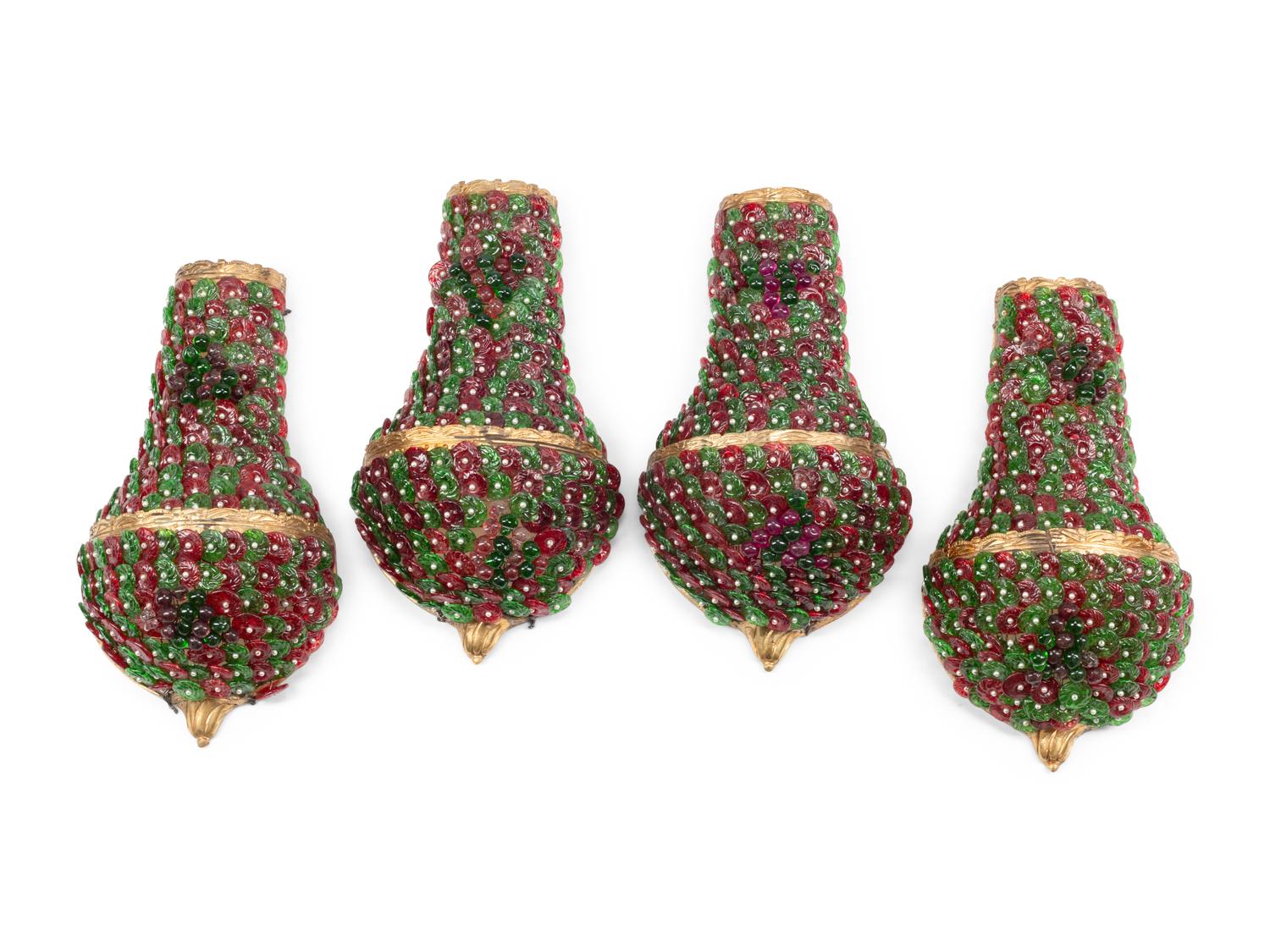 A Set of Four Art Deco Style Gilt Bronze and Colored Glass Sconces