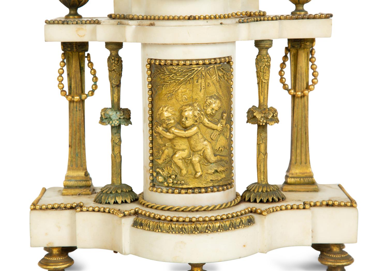 A French Gilt Bronze and Marble Three-Piece Clock Garniture — BARANCOURT, 19TH CENTURY