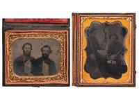 [WESTERN AMERICANA - MINING]. Quarter plate and sixth plate tintypes of gold miners, including portrait of identified "California Gold Seekers," James Standley and Nate Hadden. Ca 1860.